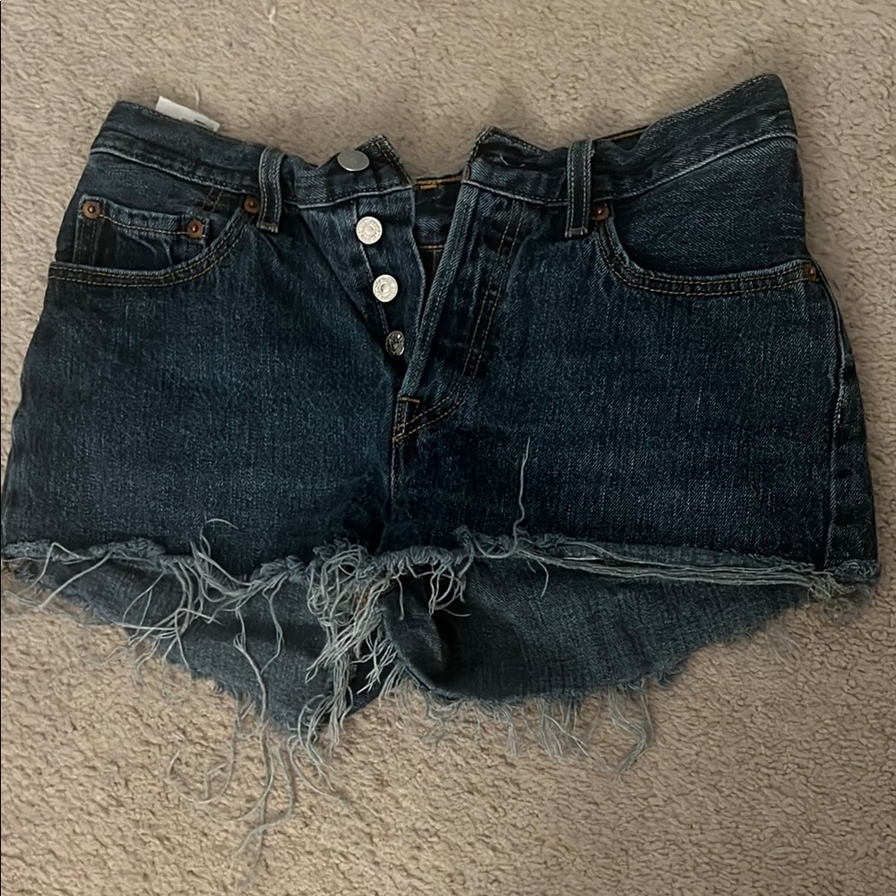Blue High-Waisted Jean Shorts with Frayed Hem